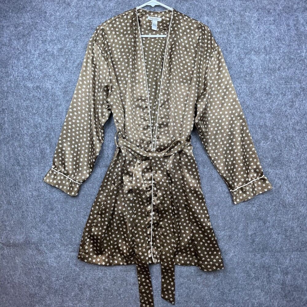 Vintage Calvin Klein Robe Large Brown Kimono Flowers Retro Luxury Satin Classic